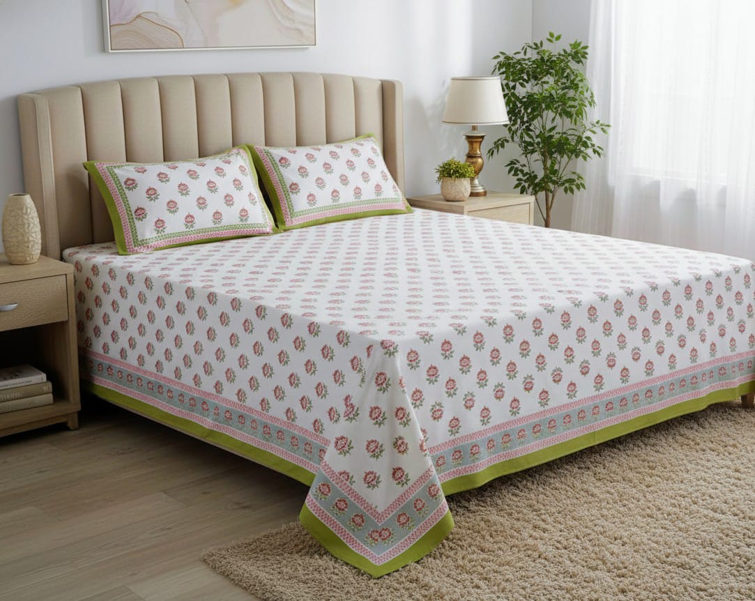 Rosebud Garden Cotton Bedsheet Set- King Size (95X108 Inches)