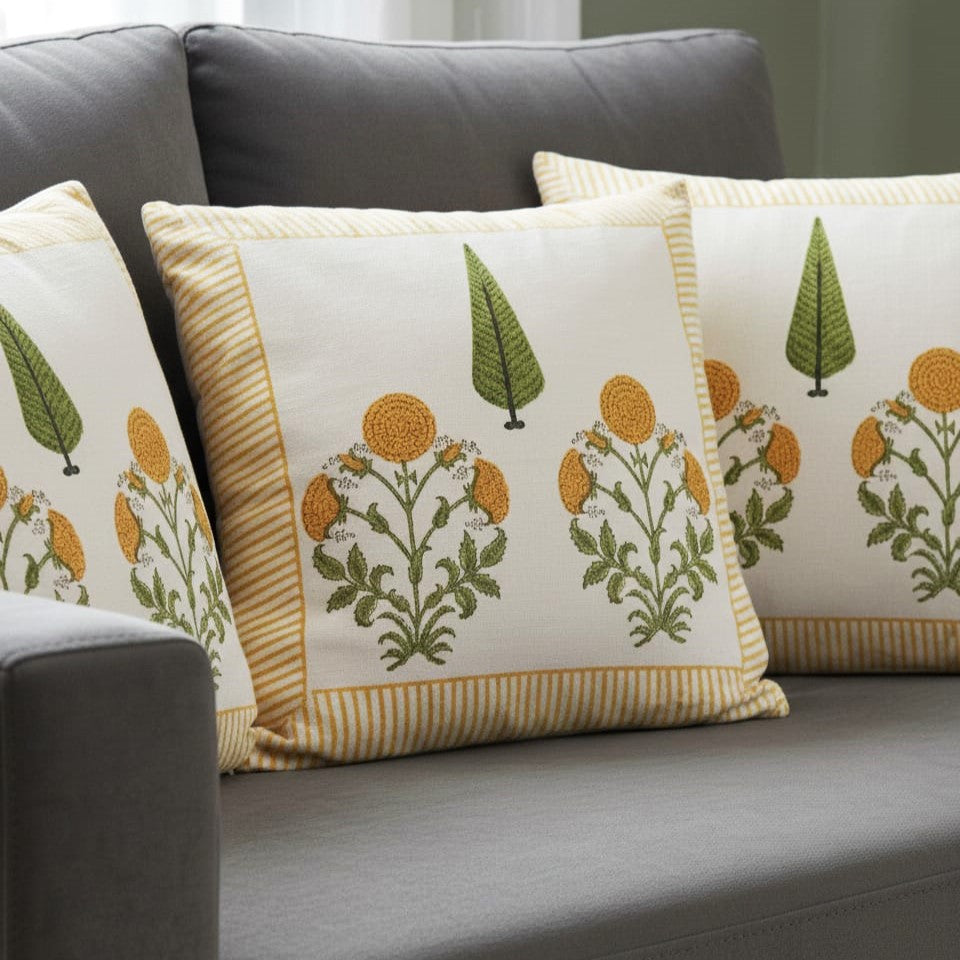 Hand-Block Print Mustard Floral Cotton Cushion Covers | 16x16"