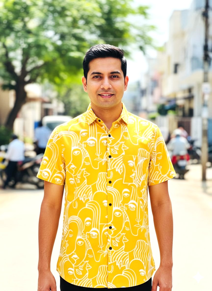 Mustard Yellow Abstract Face Art Men's Shirt