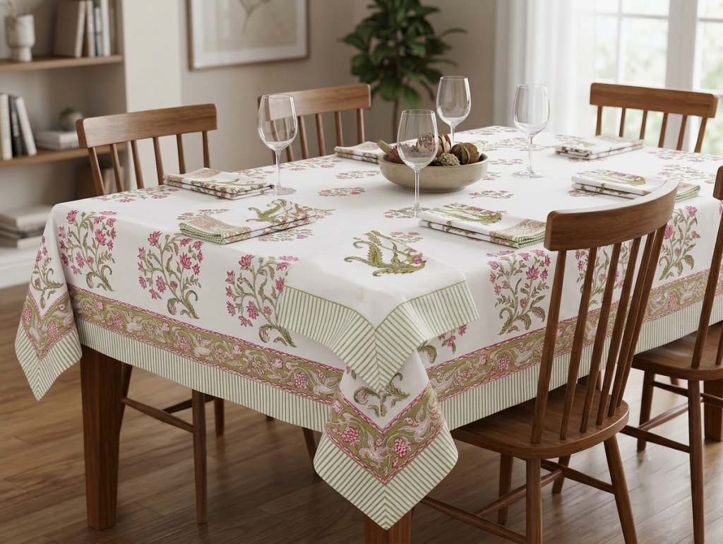 Hand Block Printed 100% Cotton White and Olive Green table cover (60*90 Inches) along with six Napkins (16*16 Inches)